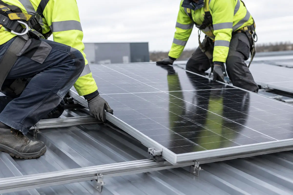 Engineers fitting solar panels to a new commercial metal roof